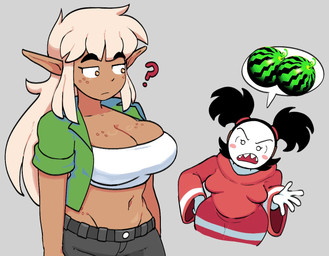 black_eyebrows black_hair blush blush_stickers bottomwear breast_size_difference breasts brown_body brown_breasts brown_ears brown_skin cleavage clothed clothed_female clothed_humanoid clothing crop_top describing_breasts duo expressive_mask eyebrows female female_humanoid food freckled_breasts freckled_face freckled_hips freckles fruit green_clothing green_jacket green_topwear grey_background grey_bottomwear grey_clothing grey_shorts hair hand_on_hip hand_on_own_hip hooded_robe humanoid_pointy_ears jacket long_hair looking_at_another melon navel open_clothing open_jacket open_topwear pigtails pink_blush plant pointy_ears question_mark red_clothing red_robe robe shirt shorts simple_background tan_hair thick_eyebrows topwear watermelon white_body white_clothing white_crop_top white_skin white_topwear genocityzone mario_bros nintendo autumn_(genocityzone) sadie_(genocityzone) bandit_(mario) elf humanoid 2025 digital_media_(artwork)