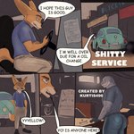 anthro butt canid canine car clothed clothing comic dialogue fennec_fox fox hi_res kurtis496 leopard_seal long_ears male mammal marine pinniped seal speech_bubble true_fox vehicle