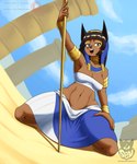 anthro clothed clothing eyebrows eyelashes female fingers front_view hair kneeling navel open_mouth outside solo text batartcave egyptian_mythology middle_eastern_mythology mythology zenonzard anbs-02 canid canine canis jackal mammal 2022 absurd_res digital_media_(artwork) hi_res url