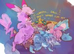 dialogue female feral fur group male pink_body pink_fur teasing trio zanthu nintendo pokemon reimachu eevee generation_1_pokemon nidoran pikachu pokemon_(species)