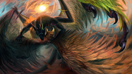 beak blood bodily_fluids claws day duo feathers feral flying fur horn open_mouth outside sun tail tongue alaiaorax mythology avian dragon feathered_dragon feathered_scalie furred_dragon furred_scalie gryphon mythological_avian mythological_creature mythological_scalie scalie 16:9 2019 digital_media_(artwork) hi_res widescreen
