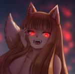 bodily_fluids dipstick_tail fangs female gesugao glowing glowing_eyes hair long_hair looking_at_viewer markings multicolored_tail nude open_mouth pupils red_eyes saliva slit_pupils solo tail tail_markings teeth tongue yandere cakecatboy spice_and_wolf yandere_trance holo_(spice_and_wolf) animal_humanoid canid canid_humanoid canine canine_humanoid humanoid mammal mammal_humanoid