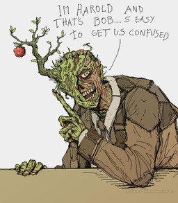 accessory ambiguous_gender apple body_horror clothed clothing collared_shirt duo flower food fruit fully_clothed gesture green_eyes hand_gesture jacket leaf male missing_nose necktie necrosis not_furry parasite plant plant_on_head pointing pointing_at_another shirt simple_background tan_clothing tan_jacket tan_necktie tan_topwear text topwear tree white_sclera leona-florianova fallout microsoft bob_(fallout) harold_(fallout) humanoid super_mutant_(fallout) artist_name english_description english_text
