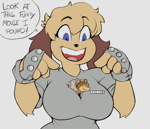 anthro between_breasts blue_eyes breasts clothing dialogue duo female fingerless_gloves fur gloves grey_clothing grey_shirt grey_topwear handwear shirt tan_body tan_fur text topwear boxx_wrench molly_(boxx_wrench) canid canine canis domestic_dog mammal rodent english_text hi_res