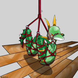 abstract_background ambiguous_gender ball_gag bdsm belt blush bondage bound feral gag gagged halter harness harness_ball_gag harness_gag muzzle_(object) muzzled restraints rope rope_bondage serpentine solo submissive submissive_ambiguous suspension 空駆 nintendo pokemon generation_5_pokemon pokemon_(species) reptile scalie serperior snake 1:1