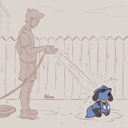 ambiguous_gender anthro bathing blue_body bottomwear clothed clothing cloud duo eyes_closed fence footwear fully_clothed garden_hose hair male nude open_mouth outside shoes short_hair short_sleeves shorts sky tail water wood wood_fence advos nintendo pokemon generation_4_pokemon human mammal pokemon_(species) riolu 1:1 partially_colored signature spot_color