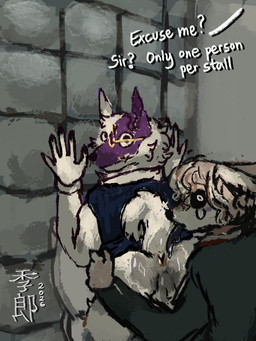anal anthro balls bathroom bent_over black_sclera black_tongue blue_clothing blue_topwear blue_vest bodily_fluids butt butt_grab caught_in_the_act clothing collared_shirt curled_tail dress_shirt duo fur genitals hand_on_butt hands_on_wall male male/male oral public_restroom purple_body purple_fur restroom_stall rimming sex shirt surprised sweater tail teardrop tears tongue tongue_out topwear vest white_body white_fur wide_eyed kirou kirou_(kirou) viktor_(deafcake) canid canine canis domestic_dog fox mammal 3:4 absurd_res hi_res meme