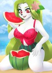 anthro anthrofied beach blush breasts cleavage clothed clothing female flower flower_(anatomy) food food_clothing food_print fruit fruit_clothing fruit_print head_flower holding_food holding_fruit holding_melon holding_object holding_watermelon keyhole_clothing melon one-piece_swimsuit pattern_clothing pattern_one-piece_swimsuit pattern_swimwear plant plant_print pokemorph print_clothing print_one-piece_swimsuit print_swimwear seaside solo spots spotted_clothing spotted_one-piece_swimsuit spotted_swimwear striped_clothing striped_one-piece_swimsuit striped_swimwear stripes swimwear watermelon watermelon_print dannyckoo tresertf nintendo pokemon generation_4_pokemon land_forme_shaymin legendary_pokemon mammal pokemon_(species) shaymin hi_res