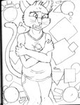 anthro bottomwear clenched_teeth clothing crossed_arms fangs female fur narrowed_eyes pants raised_tail shapes shirt solo tail teeth topwear whiskers worried jimfoxx night_in_the_woods mae_borowski domestic_cat felid feline felis mammal 2017 hi_res monochrome