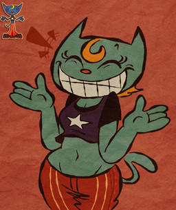 anthro belly blonde_hair blue_clothing blue_shirt blue_topwear bottomwear cat_tail clothing crop_top female gesture grin hair midriff navel pants pattern_bottomwear pattern_clothing pattern_pants red_bottomwear red_clothing red_pants shirt shrug smile solo striped_bottomwear striped_clothing striped_pants stripes tank_top topwear essnstuffs parappa_the_rapper sony_corporation sony_interactive_entertainment katy_kat