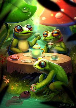 ambiguous_gender anthro beady_eyes brown_body brown_pupils detailed_background food fungus grass green_body group holding_food holding_object mouth_closed mushroom orange_eyes outside plant pupils text toony bloominglynx ambient_arthropod ambient_insect amphibian frog tadpole artist_name detailed hi_res