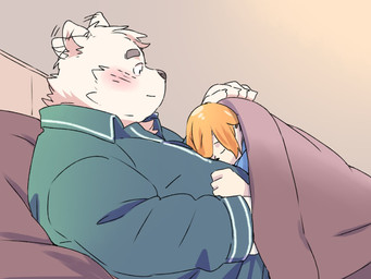 anthro bed bedding blanket blush clothing duo eyes_closed furniture kemono male overweight overweight_male shirt topwear inunoshippo canid canine canis domestic_dog mammal 2025 4:3 hi_res