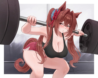 animal_ears barbell big_breasts bodily_fluids bra breasts brown_hair brown_tail clothing exercise female hair ponytail red_eyes solo sports_bra squats sweat tail thick_thighs underwear weightlifting workout pekot cygames uma_musume_pretty_derby daiwa_scarlet_(pretty_derby) animal_humanoid equid equid_humanoid equine equine_humanoid horse_humanoid humanoid mammal mammal_humanoid hi_res