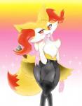 anthro blush clothing condom female fur genitals legwear looking_at_viewer navel pussy sexual_barrier_device solo standing stockings fullfolka nintendo pokemon teeruuna braixen canid generation_6_pokemon mammal pokemon_(species) hi_res