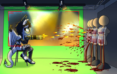 aiming_gun amber_eyes anthro black_hair blood blood_bag blood_splatter bodily_fluids bullet chair clothed clothing female fingerless_gloves footwear furniture furred_wings gloves green_screen gun_arm hair handwear horn legwear mannequin multicolored_hair on_chair partially_clothed round_ears sandals shoes shooting sitting sitting_on_chair solo spade_tail tail thigh_highs topwear two_tone_hair weapon_arm zboys sega sonic_the_hedgehog_(series) velatis_ferio_caedo unknown_species