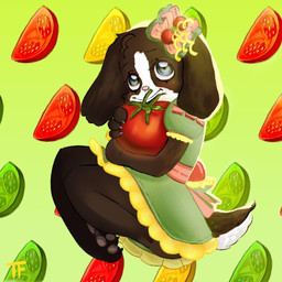 accessory alternative_fashion anthro blue_eyes blush bottomwear bow_accessory bow_ribbon bright_colors brown_body brown_fur cheek_tuft claws clothed clothing country_lolita dress facial_tuft female fluffy fluffy_ears fluffy_tail food fruit fur green_eyes hair_accessory hair_bow hair_ribbon happy holding_object hug j-fashion lolita_(fashion) looking_up pattern_background pawpads paws pink_nose plant ribbons simple_background skirt smile solo tail toe_claws tomato topwear tuft white_body white_fur tangerinefrosting canid canine canis domestic_dog mammal 1:1 digital_media_(artwork)