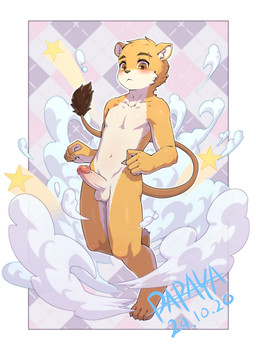abstract_background anthro balls brown_eyes cheek_tuft cloud erection facial_tuft fur genitals humanoid_genitalia humanoid_penis male male_anthro mouth_closed navel neck_tuft nude penis solo tuft white_balls white_body white_fur yellow_body yellow_fur young young_anthro young_male papayafurry felid lion mammal pantherine 2024 dated hi_res signature
