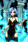 absurd_res blue_hair clothed clothing elemental_manipulation fantasy fire fire_manipulation girly gold_(metal) gold_jewelry hair hi_res human jewelry magic_user male mammal not_furry solo tagme yonachka_doki