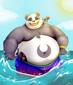 anthro bathing belly clothing eyes_closed fur male navel outside overweight overweight_anthro overweight_male solo sun swimwear water white_body white_fur lakalando lifewonders tokyo_afterschool_summoners alp_(tas) bear giant_panda mammal 2020 hi_res