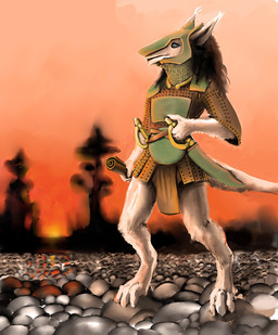 3_toes 4_fingers anthro armor barefoot biped brown_hair day digitigrade feet fingers fluffy hair headgear helmet holding_melee_weapon holding_object holding_sword holding_weapon male melee_weapon outside red_sky scroll sheathed_weapon simple_background sky solo standing sword tail toes weapon white_background meandraco mammal sergal