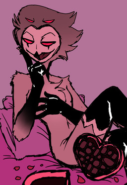 anthro bed femboy furniture holidays male nude petals solo zimakum hellaverse helluva_boss valentine's_day stolas_(helluva_boss) avian bird demon owl absurd_res colored_sketch hi_res sketch