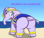 beach big_butt butt female feral jewelry looking_back sea seaside solo text water sharkinwaves shantae_(series) wayforward shantae_(elephant_form) elephant elephantid mammal proboscidean english_text