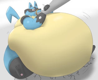 feeding force_feeding forced hose hose_in_mouth hose_inflation inflation morbidly_obese obese overweight weight_gain kazutti nintendo pokemon generation_4_pokemon lucario pokemon_(species) hi_res