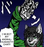 black_hair clothing green_clothing green_eyes green_shirt green_tongue green_topwear hair holding_object male mask shirt solo speech_bubble teeth text tongue topwear pumopumoshi jojo's_bizarre_adventure pumopumoshi_(character) canid canine canis mammal wolf japanese_text meme