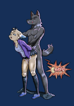ahegao animal_genitalia animal_penis anthro bodily_fluids bottomwear bottomwear_down canine_genitalia canine_penis clothed clothing cum cum_inside doggystyle duo female from_behind_position fur genital_fluids genitals grey_body grey_fur hair internal looking_pleasured male muscular muscular_male no_underwear pants pants_down partially_clothed penis predator/prey pulling_hair sex standing standing_sex touching_hair ajicitoart canid canine canis lagomorph leporid mammal rabbit wolf hi_res