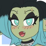 black_hair blue_eyes blue_highlights blush blush_lines collar cute_fangs eyebrow_piercing eyelashes eyeshadow facial_piercing fangs female female_humanoid green_body green_ears green_face green_skin hair highlights_(coloring) humanoid_pointy_ears looking_at_viewer makeup not_furry one_fang open_mouth open_smile piercing pointy_ears smile smiling_at_viewer solo teeth gentlemannco leora_(kibix1) goblin humanoid 1:1 2021 absurd_res digital_drawing_(artwork) digital_media_(artwork) headshot_portrait hi_res portrait