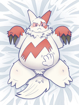 4_fingers anthro belly belly_rub biped blush duo fingers humanoid_hands kemono lying overweight red_body solo_focus white_body nyegangangang nintendo pokemon generation_3_pokemon pokemon_(species) zangoose 2025 3:4 hi_res