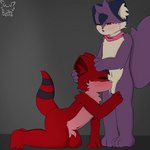 anthro balls black_hair bodily_fluids cum cum_in_mouth cum_inside duo duo_focus foreskin fur genital_fluids genitals group hair humanoid_genitalia humanoid_penis male male/male markings nude oral penis purple_body purple_fur purple_tail red_body red_eyes red_fur red_tail ring_(marking) ringed_tail scarf small_penis striped_markings striped_tail stripes tail tail_markings young young_anthro fluffycato kin_(fluffycato) liv_(livretro) domestic_cat felid feline felis hybrid mammal mustelid otter 1:1 2023 absurd_res hi_res