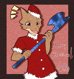 anthro axe biped bodily_fluids christmas_clothing christmas_headwear christmas_present clothed clothed_female clothing female front_view gift gift_wrapped hat headgear headwear holding_object holding_weapon holidays looking_at_viewer present_wrap santa_hat shadow simple_background solo sweat sweatdrop weapon arc_rose christmas zo_(arcrose) kobold scalie digital_drawing_(artwork) digital_media_(artwork) flat_colors hi_res
