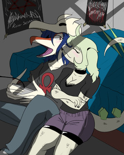 5_fingers ahoge amber_eyes ankh anthro bed bedroom black_bra black_clothing black_lips black_underwear blue_hair blush bottomwear bra breasts choker cleavage clothed clothing controller crossed_arms denim denim_bottomwear denim_clothing detailed_background duo eyelashes eyes_closed female fingers furniture game_controller gaming green_hair hair inside jeans jewelry kiss_mark kiss_mark_on_cheek kiss_mark_on_face kiss_on_cheek kissing lips long_tail male male/female necklace open_mouth pale_body pale_scales pants playing_video_game purple_bottomwear purple_clothing purple_shorts shorts sitting snout spiked_tail spikes spikes_(anatomy) tail twintails_(hairstyle) underwear arsenic_iii cavemanon_studios snoot_game cynthia_(snoot_game) fan_character luci_(obsoleteunit) dinosaur ornithischian prehistoric_species reptile scalie stegosaurian stegosaurus thyreophoran 2025 4:5 digital_drawing_(artwork) digital_media_(artwork) hi_res