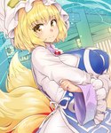 animal_humanoid big_breasts biped blonde_hair breasts canid canid_humanoid canine canine_humanoid clothed clothing detailed_background dipstick_tail dress eyelashes female fluffy fluffy_tail fox_humanoid fully_clothed fur hair half-length_portrait hat headgear headwear hi_res humanoid humanoid_hands inside light_body light_skin looking_at_viewer mammal mammal_humanoid markings monotone_hair multi_tail multicolored_tail nipple_outline portrait pupils ran_yakumo red_pupils side_view smile solo standing tabard tail tail_markings touhou two_tone_tail umigarasu_(kitsune1963) white_clothing white_dress yellow_body yellow_eyes yellow_fur
