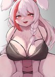 anthro big_breasts black_bra black_clothing black_panties black_underwear blush bra breasts clothing ears_up eyelashes female female_anthro fur gradient_background grey_background hair huge_breasts looking_at_viewer navel open_mouth panties pink_nose red_eyes red_hair simple_background smile solo spread_legs spreading thick_thighs underwear white_body white_fur white_hair nojaaaaaaaarori lagomorph leporid mammal rabbit absurd_res hi_res