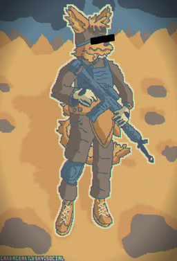 anthro armor black_clouds boots bulletproof_vest clock clothing combat_boots desert footwear fur gloves gun handwear headgear helmet male military_clothing military_helmet military_jacket military_pants mountain mountain_range orange_body orange_fur ranged_weapon rifle rock sand shoes sniper_rifle solo warrior watch weapon wristwatch garbage_art canid canine canis domestic_dog mammal censored chromatic_aberration digital_media_(artwork) hi_res pixel_(artwork) shaded simple_shading