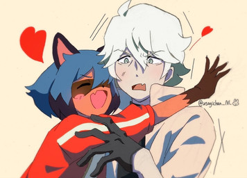 anthro black_nose blue_eyes blue_hair blush brown_body brown_fur clothed clothing coat duo female fluffy fluffy_tail fur hair heart_symbol hug jacket male male/female open_mouth open_smile short_hair simple_background smile tail topwear usagichan brand_new_animal studio_trigger michiru_kagemori shirou_ogami canid canine human mammal raccoon_dog tanuki