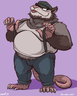5_fingers anthro beard blep blue_bottomwear blue_clothing blue_jeans blue_pants bottomwear clothing denim denim_bottomwear denim_clothing eyewear facial_hair fingers flat_cap fur glasses grey_body grey_fur hat headgear headwear jeans male no_shoes pants purple_background round_ears shadow shirt simple_background solo suspenders suspenders_pull tail tank_top teeth text tongue tongue_out topwear wearing_glasses white_body white_clothing white_fur white_shirt white_tank_top white_topwear nanoff grixis_(character) american_opossum mammal marsupial 2025 english_description hi_res spanish_text