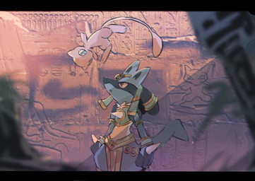 ambiguous_gender anthro blue_eyes duo holowear_(pokemon) jewelry multicolored_body open_mouth paws pink_body red_eyes spikes spikes_(anatomy) tail 1south3927 nintendo pokemon pokemon_unite ruins_style_lucario generation_1_pokemon generation_4_pokemon legendary_pokemon lucario mew_(pokemon) pokemon_(species) 2022 hi_res