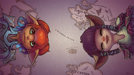 armor big_ears brown_hair clothed clothing duo eyes_closed female freckles green_eyes hair happy map open_mouth orange_hair ribbons sharp_teeth smile teeth text tongue snowskau guild_wars asura humanoid mammal 16:9 2014 digital_media_(artwork) english_text widescreen