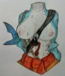 anthro big_breasts blue_body breasts brown_rope clothed clothing female gills hook muscular muscular_female nipples orange_clothing pink_nipples red_hook rope shark_tail skimpy solo swashbuckler tail white_body ashkfi brawlhalla mako_(brawlhalla) fish mackerel_shark mako_shark marine shark white_shark bust_portrait colored_pencil_(artwork) hi_res portrait traditional_media_(artwork)