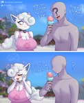 anthro bell bell_collar big_breasts blurred_background blush breasts cleavage clothed clothing collar dessert dialogue duo eyebrows eyelashes eyes_closed female fingers food fur hair hair_over_eye heart_symbol holding_food holding_object ice_cream implied_lactation male one_eye_obstructed open_mouth outside smile tail text thought_bubble white_body white_fur gammainks nintendo pokemon alice_(gammainks) anon alolan_form alolan_vulpix generation_7_pokemon pokemon_(species) regional_form_(pokemon) 2024 absurd_res artist_name digital_media_(artwork) english_text hi_res