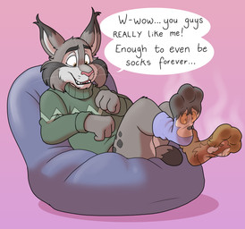 anthro bean_bag clothing clothing_transformation dialogue feet foot_fetish foot_focus foot_play footwear group inanimate_transformation male male/male musk permanent sock_fetish sock_transformation socks speech_bubble text transformation trio blueballs disney zootopia pawbert_lynxley canada_lynx felid feline living_sock lynx mammal english_text hi_res