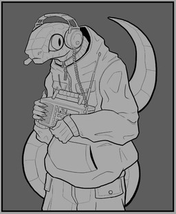 big_eyes bottomwear cargo_pants claws clothing electronics grey_background hand_on_head headphones holding_object holding_radio holding_with_two_hands hoodie looking_aside male microphone pants simple_background snake_eyes standing tail topwear zipper_topwear knerbin reptile scalie snake 2024 digital_drawing_(artwork) digital_media_(artwork) monochrome