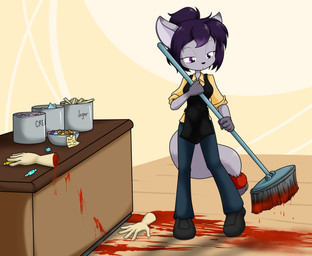 anthro apron blood bodily_fluids bottomwear candy cleaning_tool clothing denim denim_bottomwear denim_clothing dessert detailed_background eyelashes feet female fingers food footwear fur grey_body grey_fur hair highlights_(coloring) jeans mop multicolored_body multicolored_fur multicolored_hair pants purple_eyes purple_hair purple_highlights scp-330 severed_body_part severed_hand severed_limb shoes solo standing work_uniform sandwich-anomaly scp_foundation becca_(sandwich-anomaly) canid canine fox mammal 2018 digital_media_(artwork) hi_res