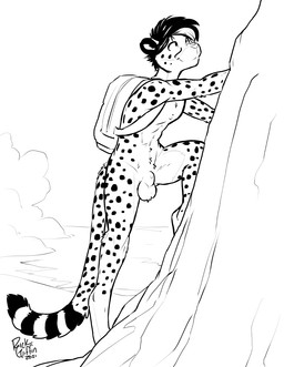 animal_genitalia anthro backpack ball_tuft balls black_hair black_spots black_stripes casual_nudity climbing detailed_background digitigrade dipstick_tail fully_sheathed fur genitals hair male markings mountain nude penis pose sheath smile solo spots spotted_body spotted_fur spotted_markings stripes tail tail_markings tuft white_balls white_body white_fur white_sheath rick_griffin cheetah felid feline mammal 2021 black_and_white digital_media_(artwork) monochrome pinup signature sketch