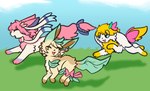 3_fingers 3_toes ambiguous_gender black_nose blue_eyes bow_ribbon chasing cloud eyes_closed feet female feral fingers fur grass group male open_mouth pale_fur paws pink_body pink_fur plant running simple_background sky toes tongue trio white_body white_fur yellow_body yellow_fur eexpii nintendo pokemon ashley_(shaymin) isabel_(sylveon) marian_(leafeon) canid canine eeveelution generation_4_pokemon generation_6_pokemon leafeon legendary_pokemon mammal pokemon_(species) shaymin sylveon hi_res