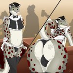 anthro bar barmaid butt clothed clothing crop_top femboy leg_warmers legwear maid_uniform male presenting presenting_hindquarters raised_tail shirt shy skimpy solo tail thong topwear underwear uniform wolfschulte umbrose felid mammal pantherine snow_leopard 1:1 absurd_res hi_res