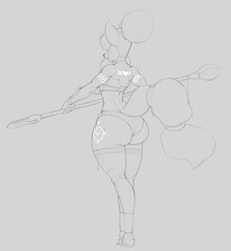 anthro big_butt breasts butt clothing curvy_figure female footwear fur grey_background hair hair_bun legwear markings melee_weapon muscular muscular_anthro muscular_female polearm rear_view sandals shoes simple_background socks solo staff thick_thighs thigh_highs thigh_socks thong underwear voluptuous weapon wide_hips conditional_dnp daserfomalhaut nintendo star_fox krystal_(star_fox) canid canine fox mammal black_and_white digital_drawing_(artwork) digital_media_(artwork) hi_res monochrome source_request